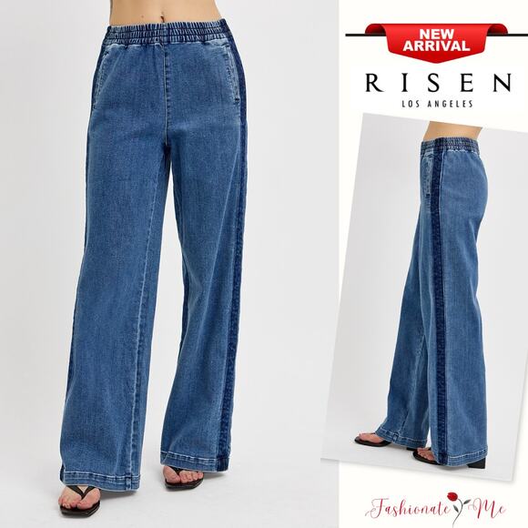 Risen Denim - RISEN High Rise Elastic Band Side Seam Detail Medium Wash Wide Leg Denim Jeans